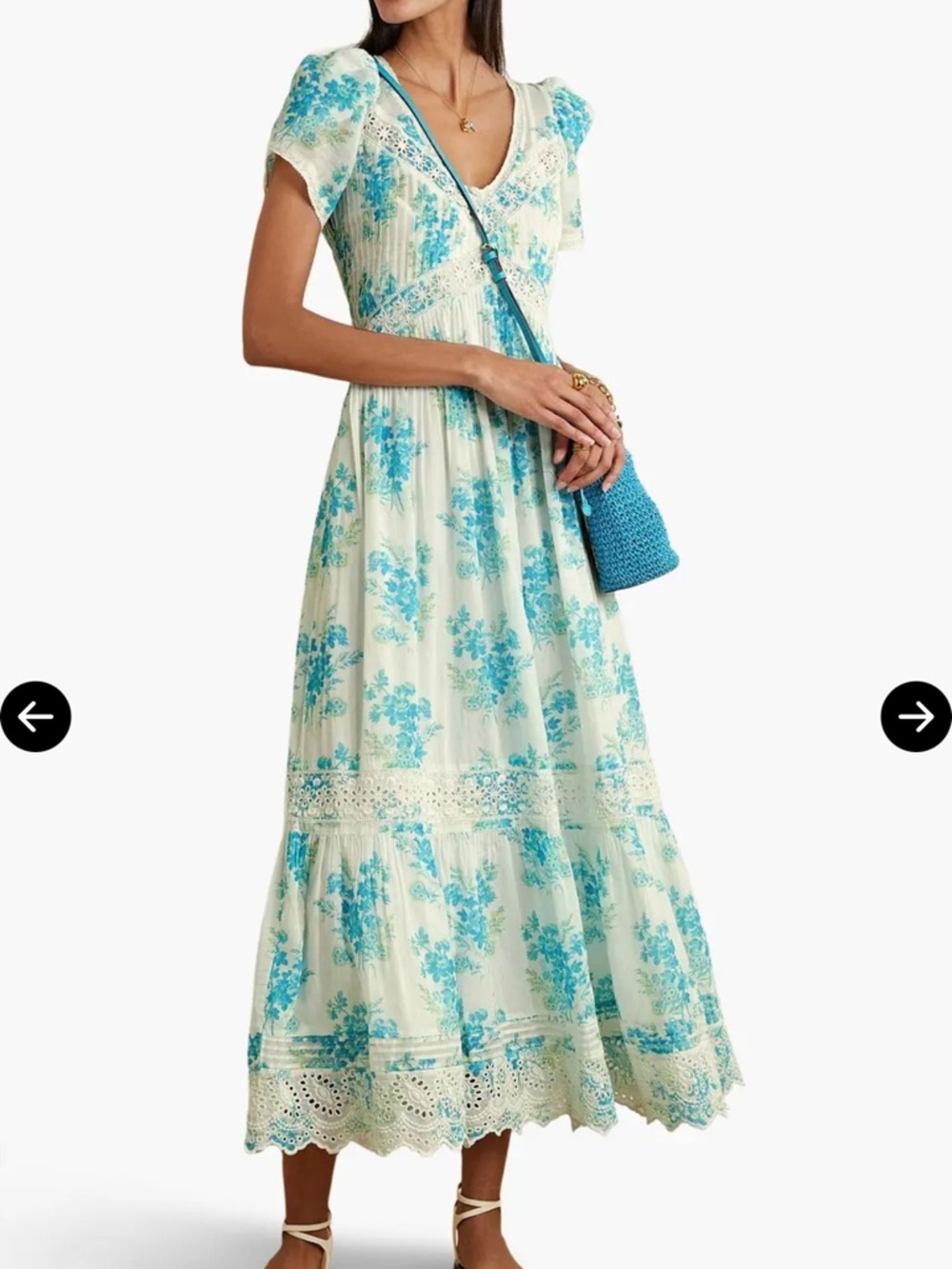 LoveShackFancy Blue Floral V-Neck Eyelet Maxi Dress